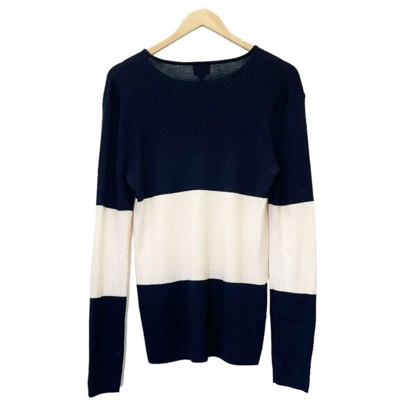 Worth Sweater Women's Size Large 100% Wool Pullover Navy & Ivory Rugby Stripe - Picture 2 of 8